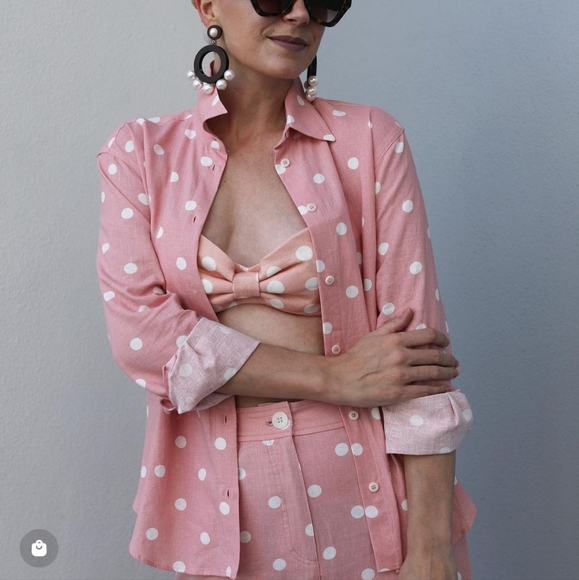 Zara 2 pcs linen blend polka dot shirt + pants set - Picture 4 of 8